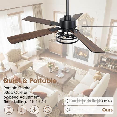 Vaczon 52-inch Farmhouse Ceiling Fan with Light, Maple/Black, 6-Speed DC Motor