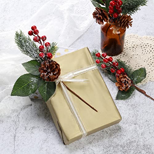 Boao 12 Pcs 11'' Large Christmas Pine Picks - Snowy Leaves, Holly Berries & Pine Cones