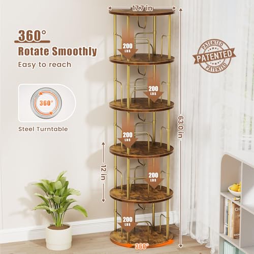 Round 5-Tier Rotating Bookshelf - Gold, Narrow Space-Saving Spinning Bookcase