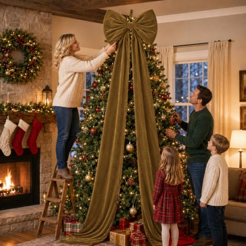 ARQRHTLY 75x20 Inch Dark Brown Velvet Bow Christmas Tree Topper - Rustic Holiday Decor