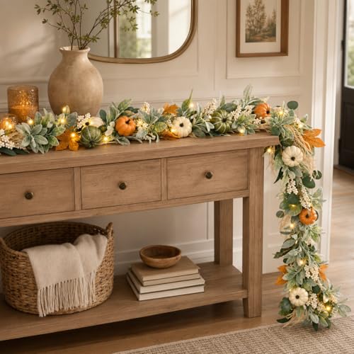 Green Fall Garland with Lights - 6 Ft Eucalyptus & Pumpkin Decor Set - 2 Pcs