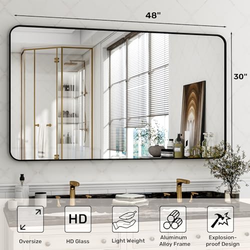 Black Rectangular Bathroom Mirror 30x48 Inch Wall-Mounted Vanity Mirror with Rounded Corners