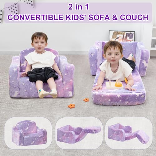 Airpanda Kids Sofa Chair - Purple 2-in-1 Fold-Out Couch with Blanket & Glow Fabric