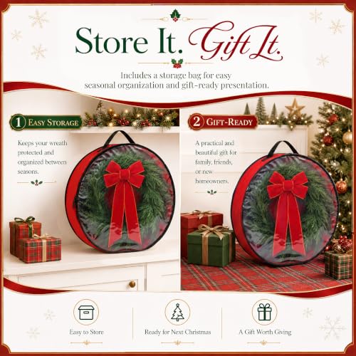 Presentastic 26 Inch Green Cedar Pine Christmas Wreath Pre-Lit with Red Velvet Bow