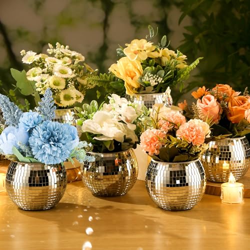 RGBDOT 6 Pack Disco Ball Vases with Silver Mirror Glass 3x4 Inches - Unique Disco Decor & Planters for Weddings & Parties