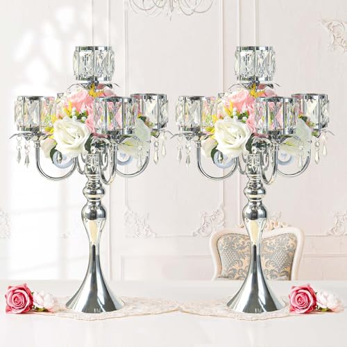 2Pcs Silver 5-Arm Crystal Pendant Metal Candle Holder with Square