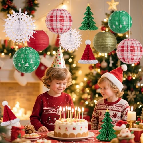 OBBOLO Christmas Hanging Decor Set 12 pcs Red Green White Gold Honeycomb Paper Lanterns Fans