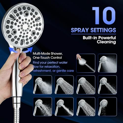 Wowkk Premium Chrome Handheld Shower Head with 10 Spray Modes & High Pressure