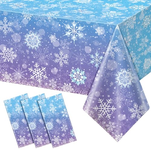 3 Pack Winter Snowflake Plastic Tablecloth Decorations, Blue and Purple Snowflake Winter Wonderland Disposable Table Cover for Christmas Holiday New Year Party Supplies Decorations, 54x108 Inch