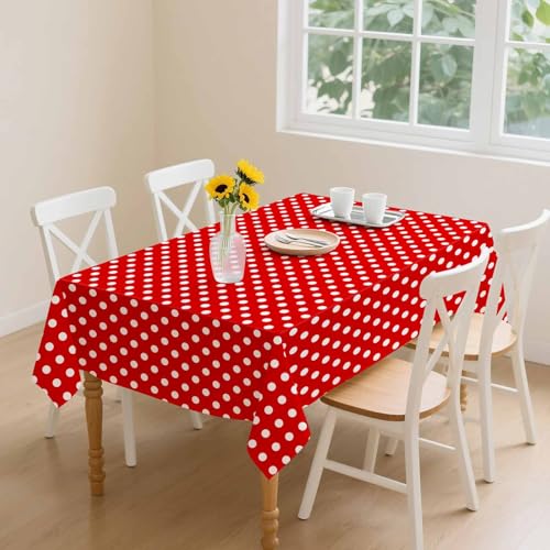 2 Pack Red Polka Dot Tablecloth 54 x 108 Inches - Disposable Plastic Party Cover, Red & White