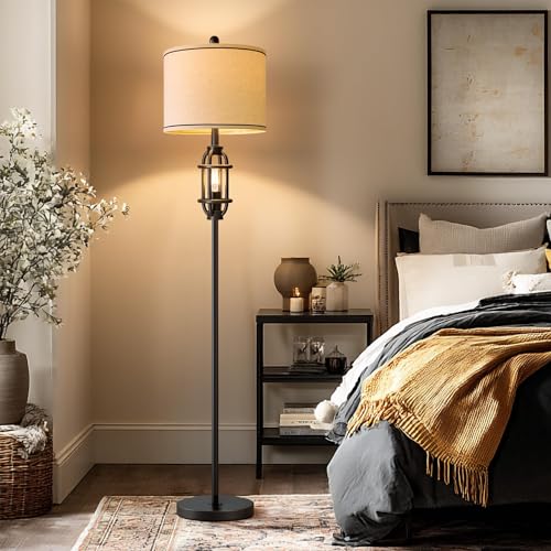 G-SAFAVA 62.5-Inch Industrial Black Floor Lamp with Linen Shade - Tall Standing Living Room Lamp with Dual Rotary Switch
