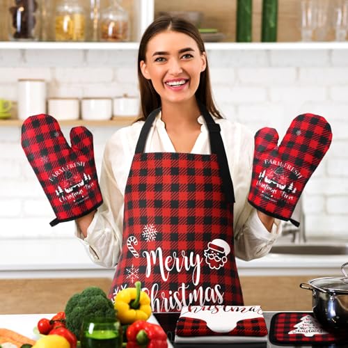 Geetery Christmas Kitchen Towel Set with Oven Mitts Pot Holders & Apron - Red & Black Plaid