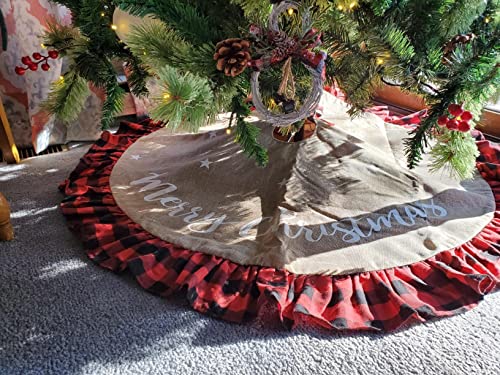 AISENO 48in Buffalo Plaid Linen Burlap Christmas Tree Skirt - Red & Black Edge