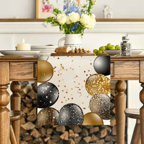 Artoid Mode Beige and Golden Balloon Happy Birthday Table Runner, Seasonal Kitchen Dining Table Decoration for Home Party Decor 13x72 Inch