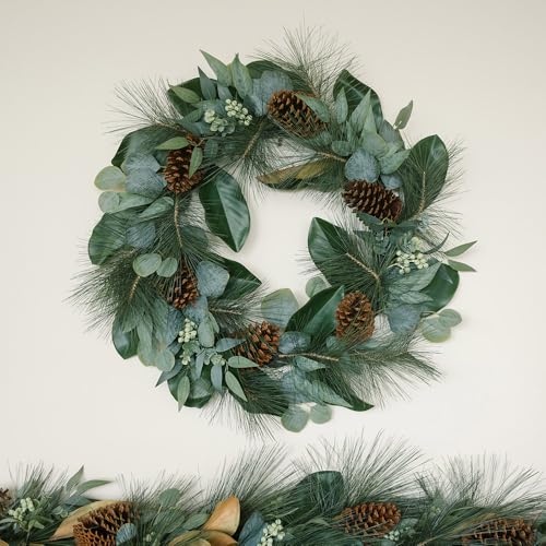 CG Hunter Magnolia Eucalyptus Pinecone Christmas Wreath 28" - Mixed Foliage Holiday Decor