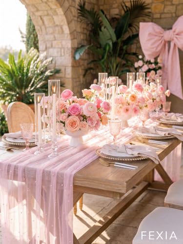Pink Pearl 10ft Table Runner Tulle Gauze with Pearls - 27x120 inches, Soft Pink
