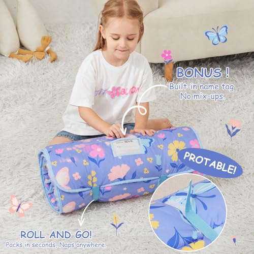 Kids Nap Mat with Pillow & Blanket - Purple Butterfly Toddler Sleep Set