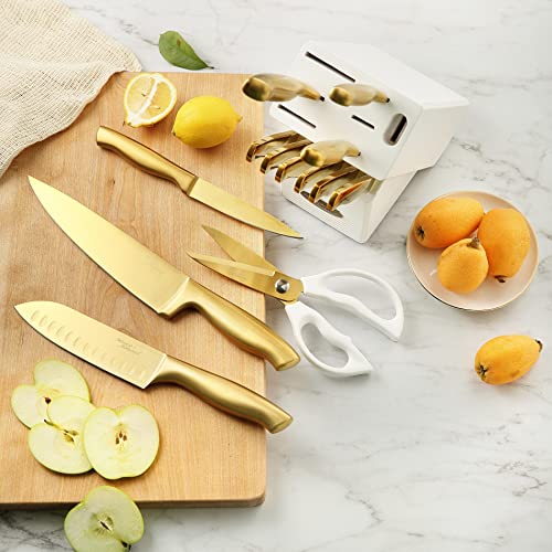 Marco Almond Gold Knife Set with White Knife Block, 14-Piece Titanium-Coated Kitchen Knives