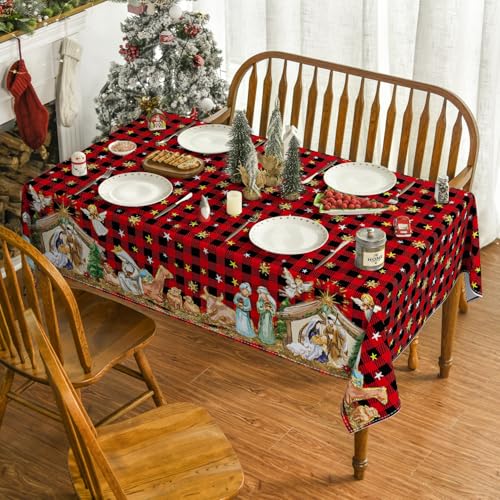 Horaldaily Christmas Tablecloth 60 x 84 Inch Rectangular Red Nativity Holiday Decor