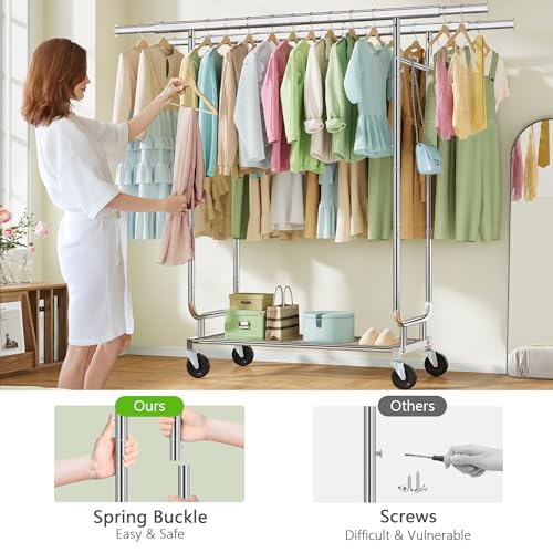 Heavy Duty Rolling Clothes Rack with Storage Shelf - Silver, 620 LBS Capacity, Adjustable Double Rod
