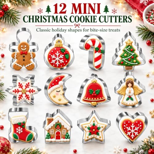 KAISHANE Style2 Mini Christmas Cookie Cutters Set - 12 Stainless Steel Shapes