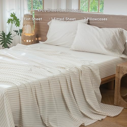 King Striped Cotton Linen-Like Sheet Set - Almond Milk Grey, Classic Stripes