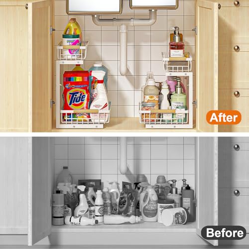 White Under Sink Organizer 2 Pack - Height Adjustable Kitchen & Bathroom Storage