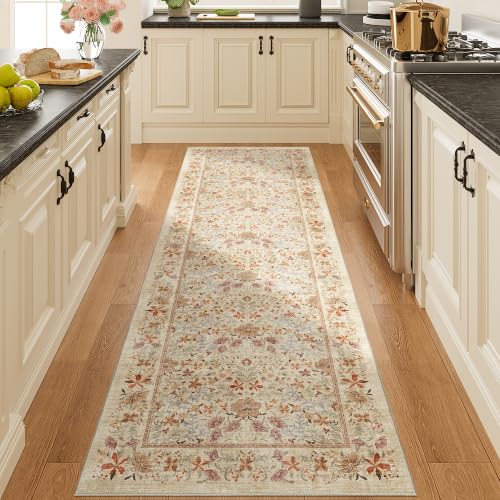 2x6 Runner Rug, Washable Vintage Floral Kitchen Beige