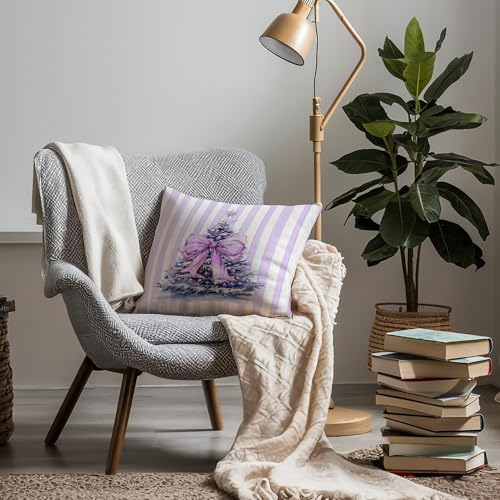 Exqcom Coquette Pillow Covers 18x18 - Purple Striped Christmas Throw Pillow, 100% Flannel
