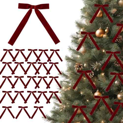 24 Pieces Mini Burgundy Red Velvet Bow 3.9 x 5.9 Inches Wedding Craft Bows Birthday Tree Ornaments Bow 4/5" Width Ribbon Tie Bows for Trees Gift Wrapping Decorations