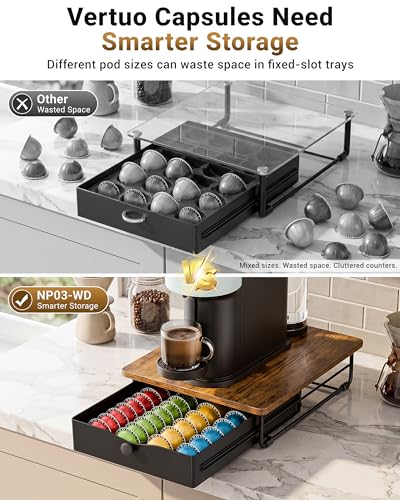 Everie Coffee Pod Drawer Organizer for Vertuo - Rustic Brown Wood Top, Holds 40-52 Capsules