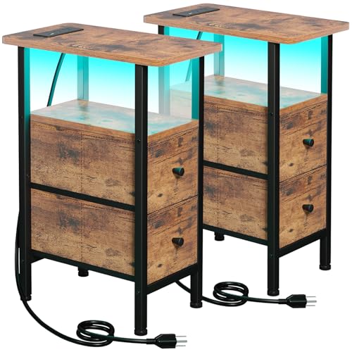 LOAKEKEL Rustic Brown Nightstand with Charging Station & LED Light - Narrow End Table for Living Room