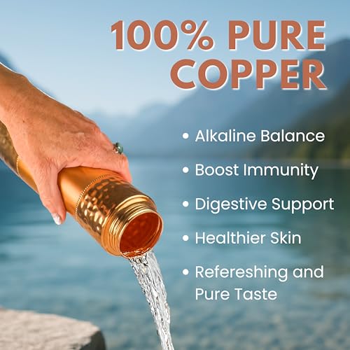 Copper Water Bottle with Straw & Sports Lid - Black Lid, 33.5oz / 950ml