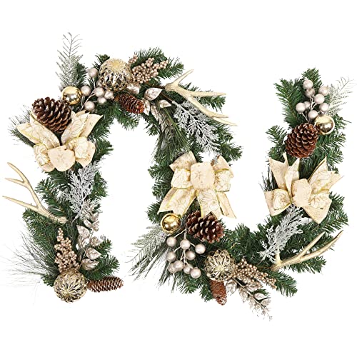 Takywep 6ft Champagne Gold Christmas Garland with Lights, Faux Pine, Decor Balls & Bows