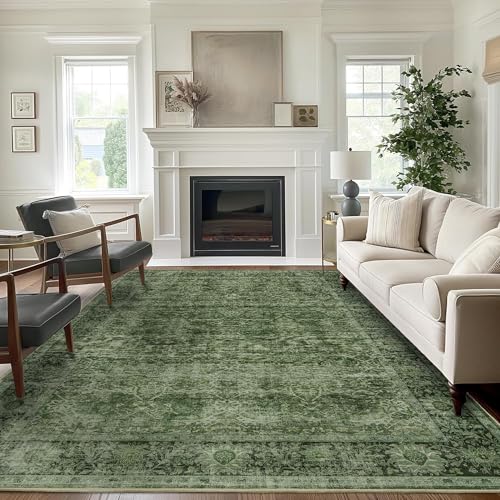6'x9' Green Washable Vintage Distressed Floral Rug for Living Room - Zeeinx