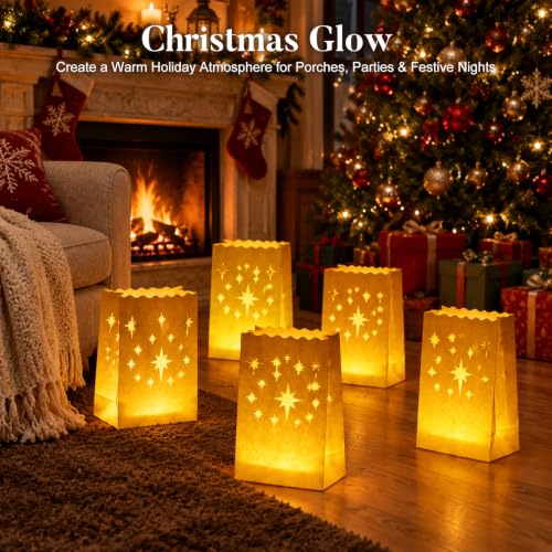 Homemory 50 Pack White Star Candle Luminary Bags - Moisture Proof & Reusable