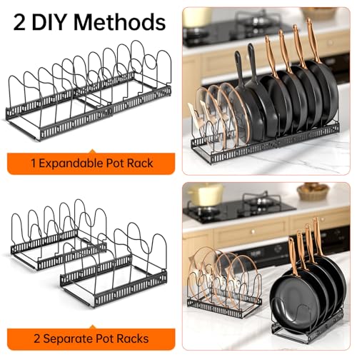 MUDEELA Expandable Pot Pan Lid Organizer Rack 2-Pack Black with 10 Dividers