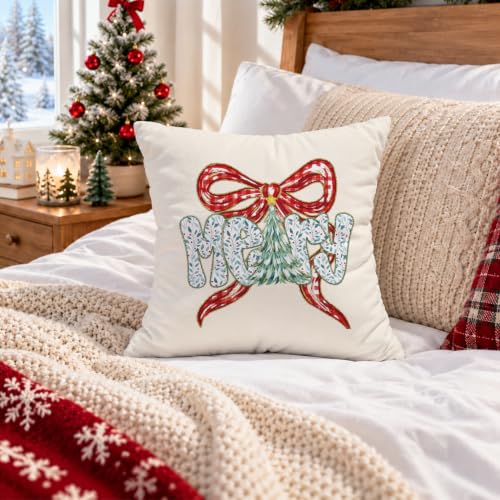 Christmas Bow Pillow Cover 18x18 Inch, Red Ribbon Tree Throw Pillow,