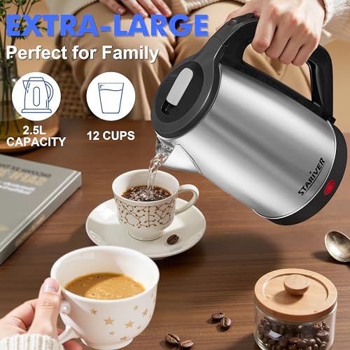 Stariver 2.5L Large Electric Kettle - Black Silver BPA-Free Stainless Steel Water Boiler