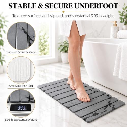 Dark Gray Rollable Stone Bath Mat for Bathroom, Quick Dry, Diatomaceous, 24x16 Inches