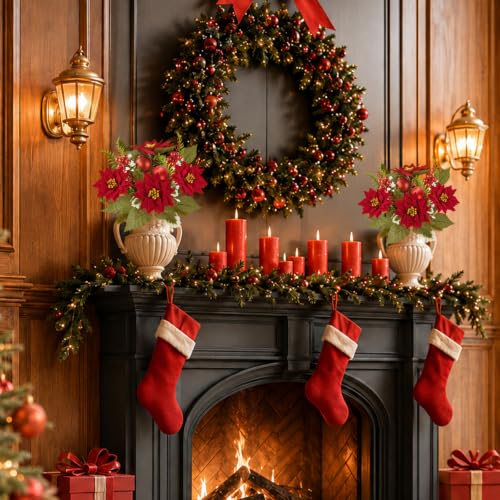 MELAJIA Red Artificial Christmas Poinsettia Bouquet, 2 Pack Holiday Decor