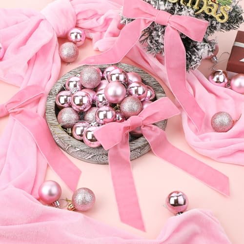 Gejoy Pink Velvet Christmas Tree Decoration Set with 47 x 15.7 Inch Large Topper Bow, 30 Small Velvet Bows & 36 Ornaments