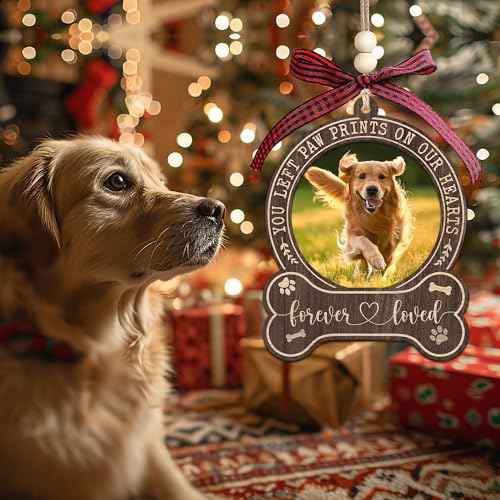 Dog Photo Frame Memorial Christmas Ornaments 2025 - Forever in Our Hearts, Remembrance, in Memory Gifts for Loss of Dog - Pet Loss, Pet Sympathy Personalized Picture Ornaments for Christmas Tree