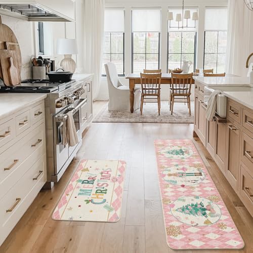 Artoid Mode Christmas Nutcracker Kitchen Mat Set of 2 Pink 17x29 & 17x59 Inches Winter Decor