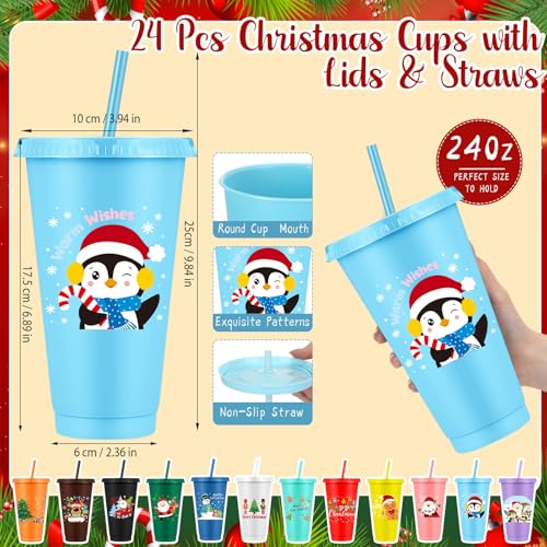 Christmas Tumblers Gift Set with Snowflake & Tree Designs, 24 oz, Includes Lids & Straws, Reusable Plastic Cups, Holiday Party Favors