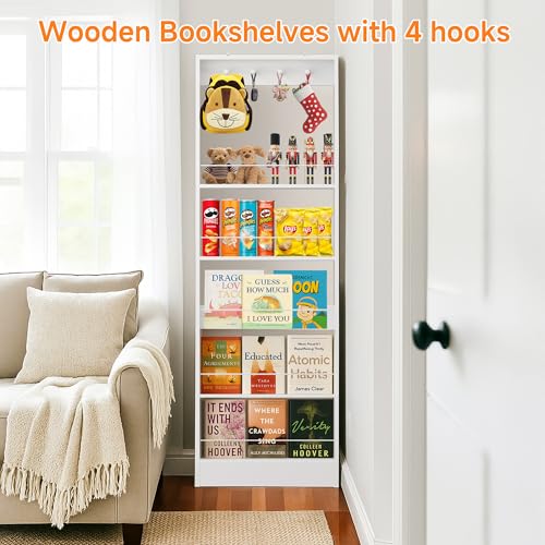 Kids Behind Door Bookshelf - 5-Tier Wooden Bookcase for Kids Room, White, 23.6''L x 3.94''D x 72.85''H