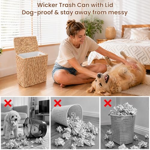 Water Hyacinth Wicker Trash Can with Lid, 3-Gallon Bathroom Waste Bin