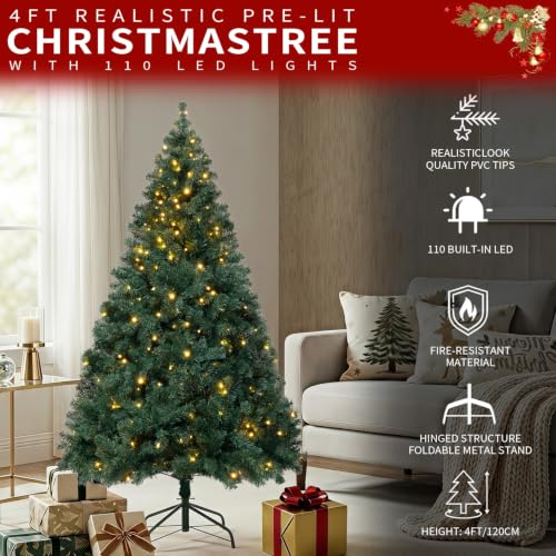 DNKMOR 4FT Christmas Tree with Warm White Lights Artificial Xmas Tree for Holiday Decor