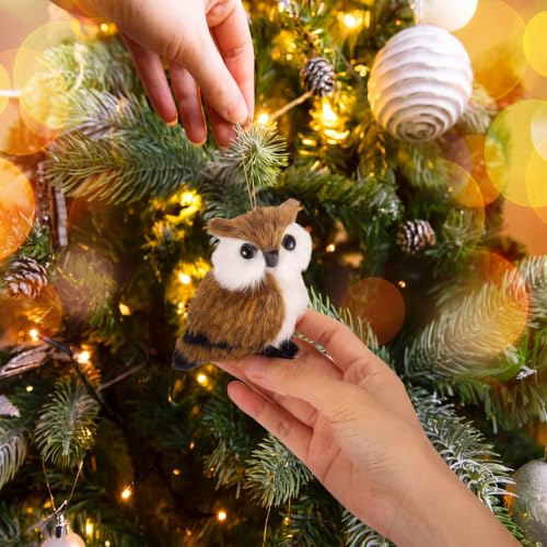 Sratte 24-Pack Christmas Owl Ornaments White and Brown Furry Decorations