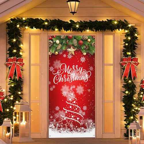 Christmas Door Cover - Cartoon Snow Decorations Curtain for Front Door, Suitable for Farmhouse Welcome, Party Supplies, Home Decor - 70.8x35.4 Inches